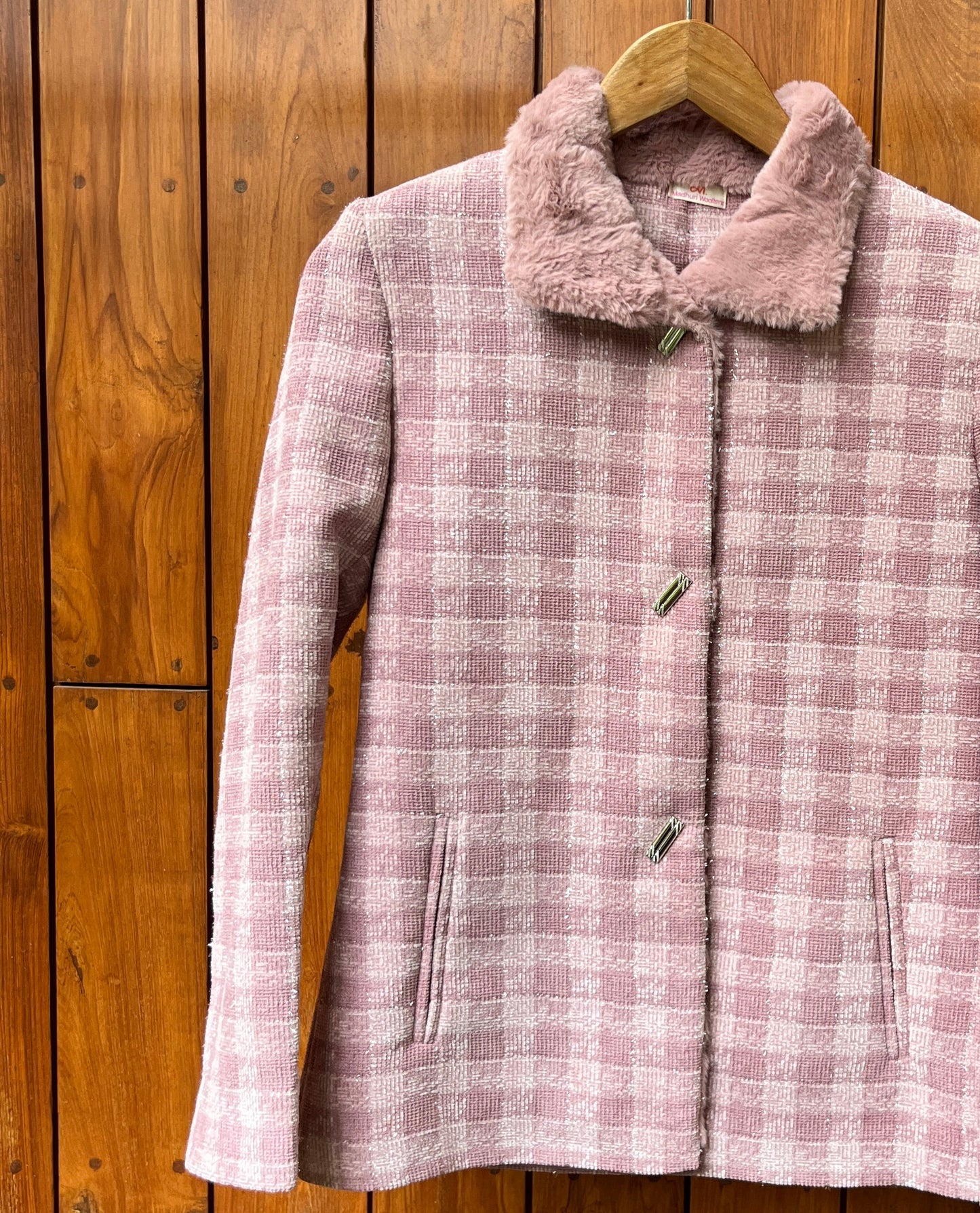 Pink checkered wool coat with faux fur collar for women – elegant winterwear