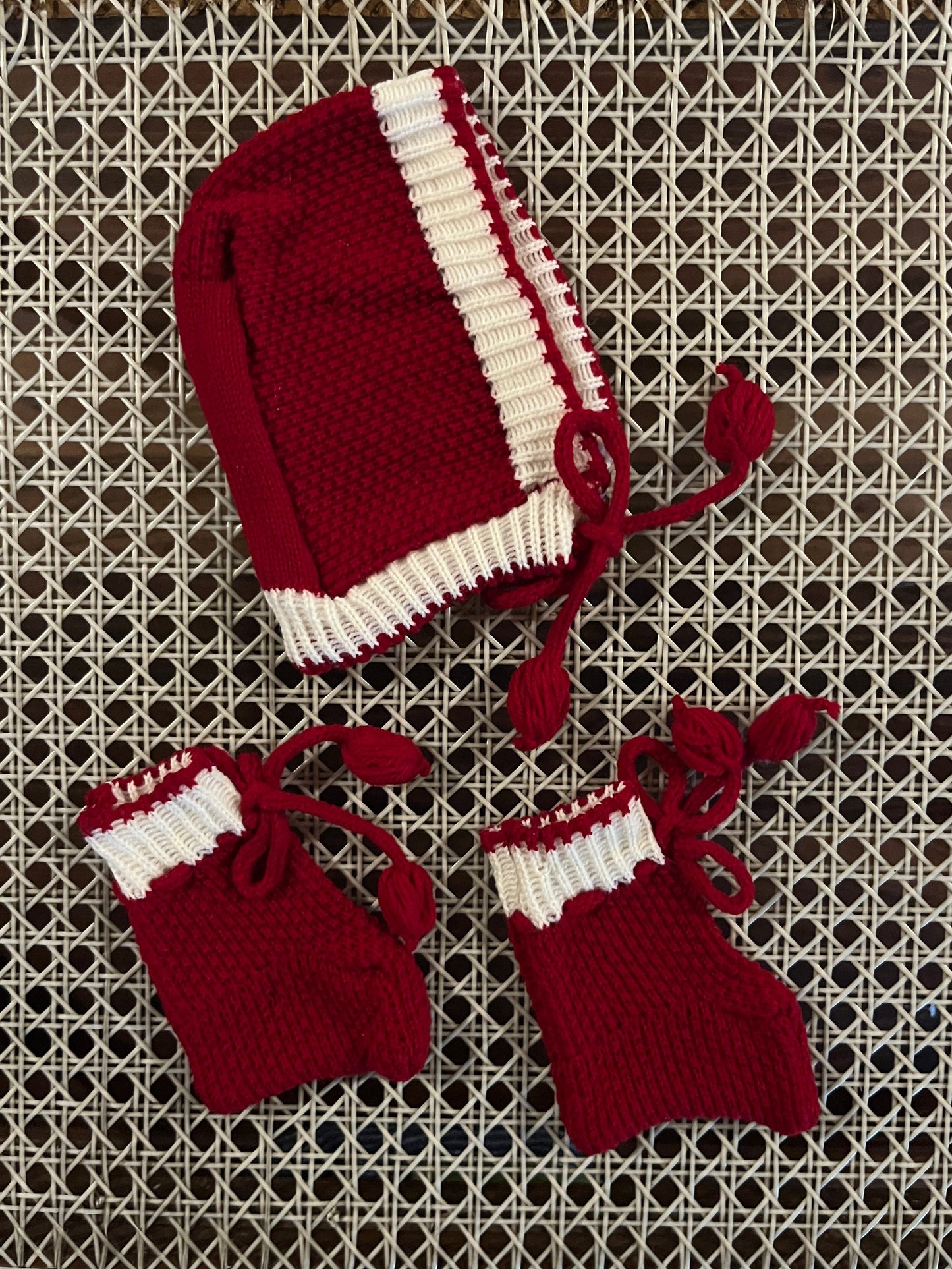 Red wool baby sweater, cap and booties set – handcrafted winter outfit