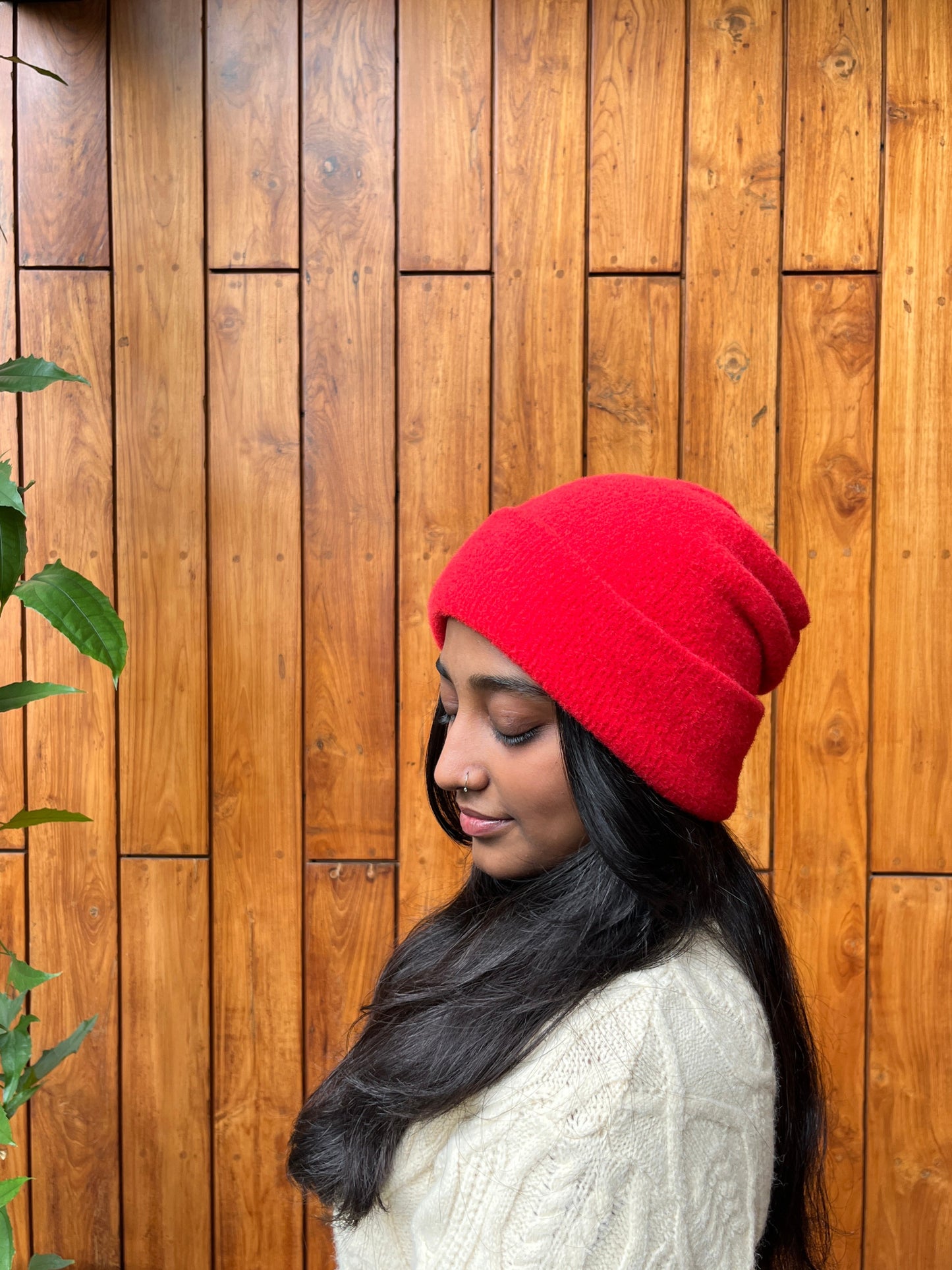 Red knit beanie for women – cozy winter cap in bright crimson shade