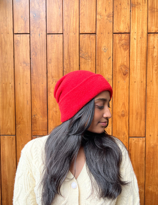 Red knit beanie for women – cozy winter cap in bright crimson shade