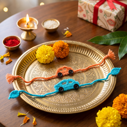Blue and Orange Handmade Car Rakhi- Set of 2