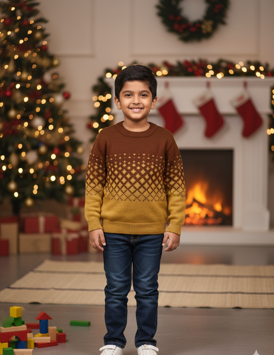 Boys Brown Mustard Winter Gradient Knit Sweater