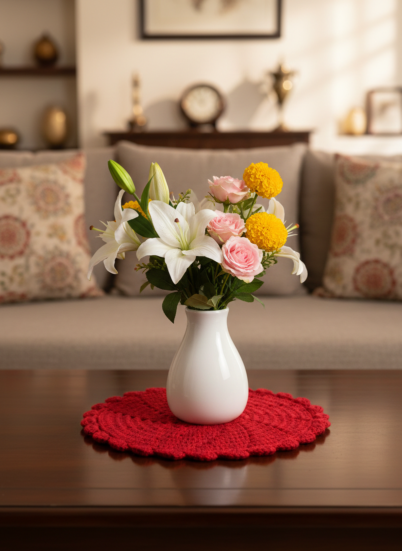 Red and Pink- Handcrafted Round Crochet Table Asan