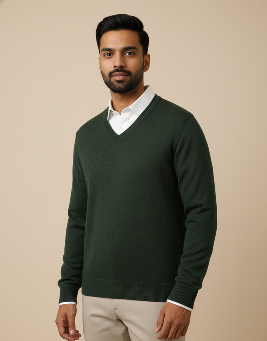 Men’s Reversible Forest Green and Beige V-Neck Knit Sweater