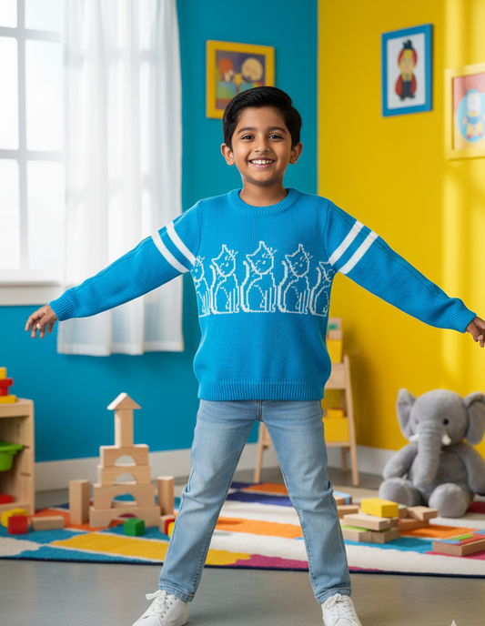 Boys Blue Cat Pattern Winter Sweater