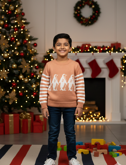 Boys Peach Penguin Winter Knit Sweater