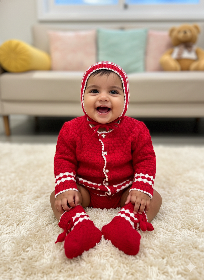 Handmade Red Baby Woollen Knit Set