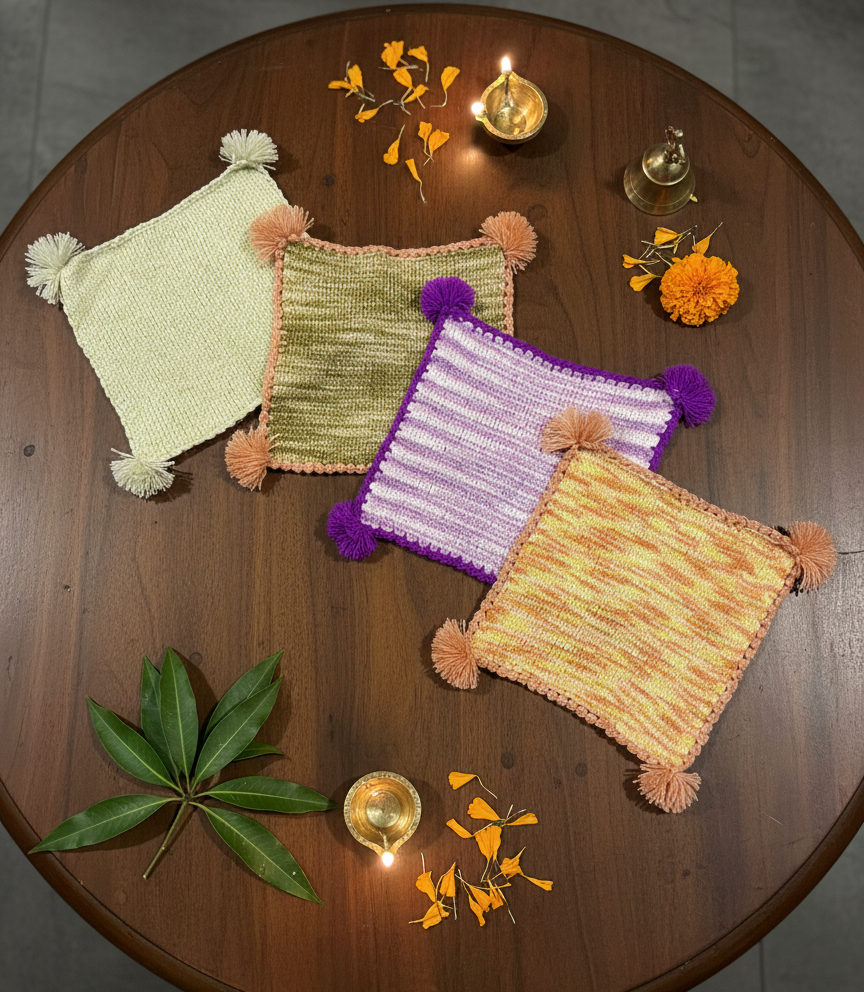 Set of 4- Woollen Pooja Asan with Tassels