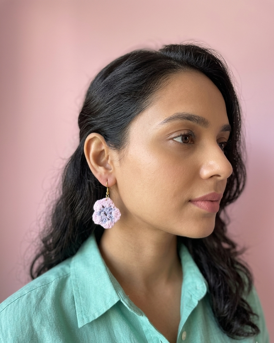 Pastel Pink Crochet Flower Drop Earrings