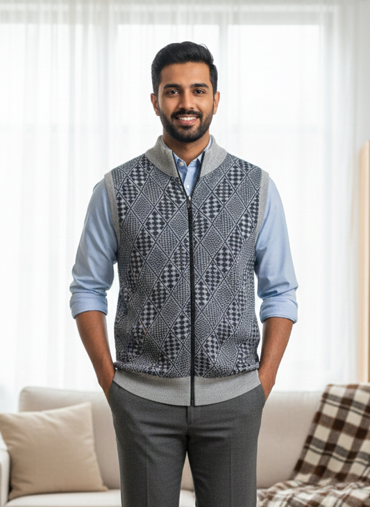 Men’s Reversible Diamond-Knit Wool Blend Zip Sleeveless Sweater