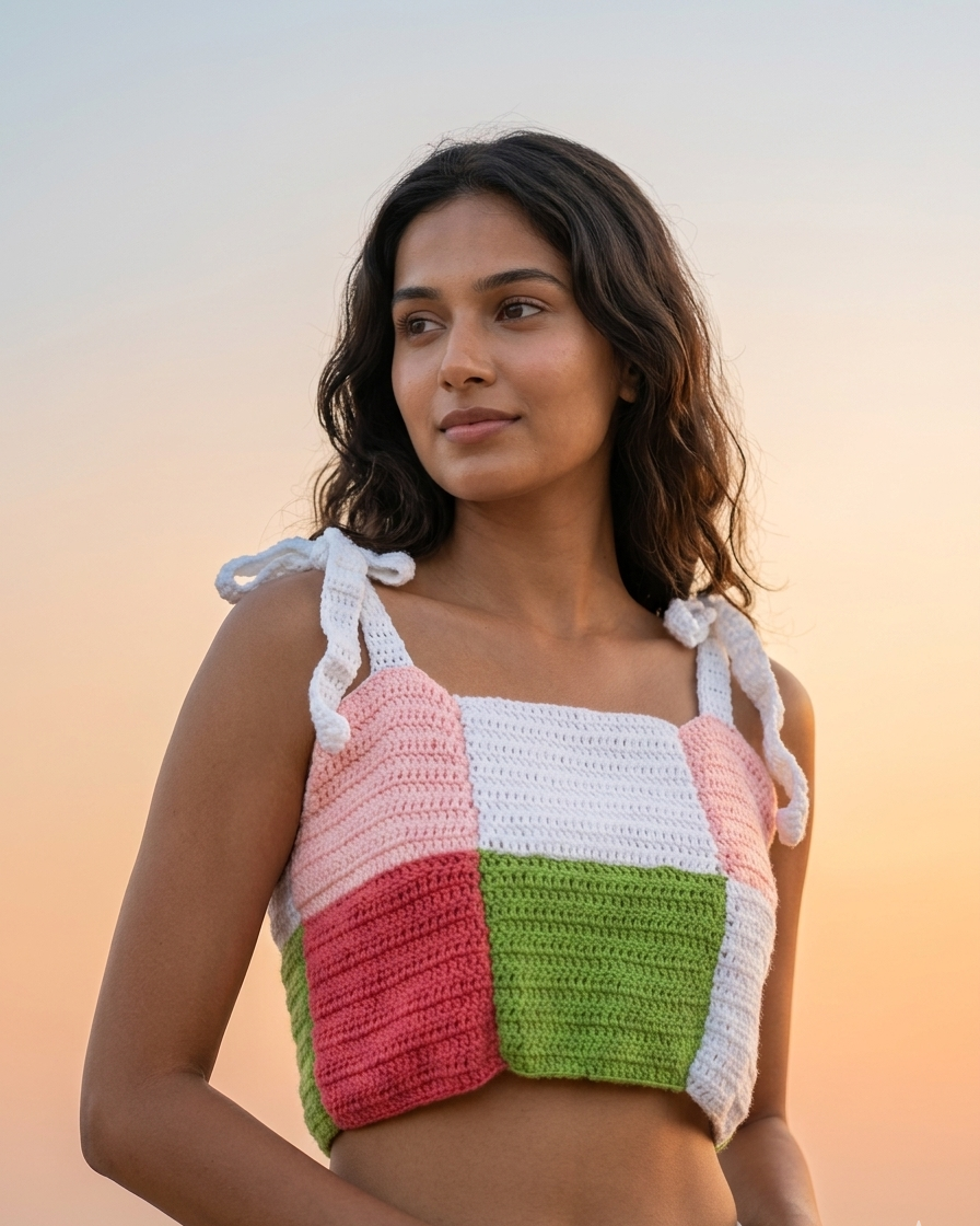 Handmade Color Block Crochet Summer Crop Top
