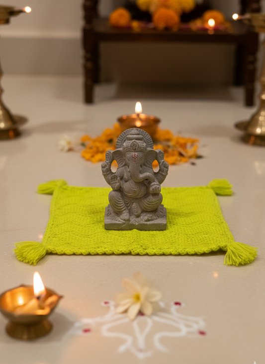 Neon Green Knitted Pooja Mat with Tassels- Set of 12