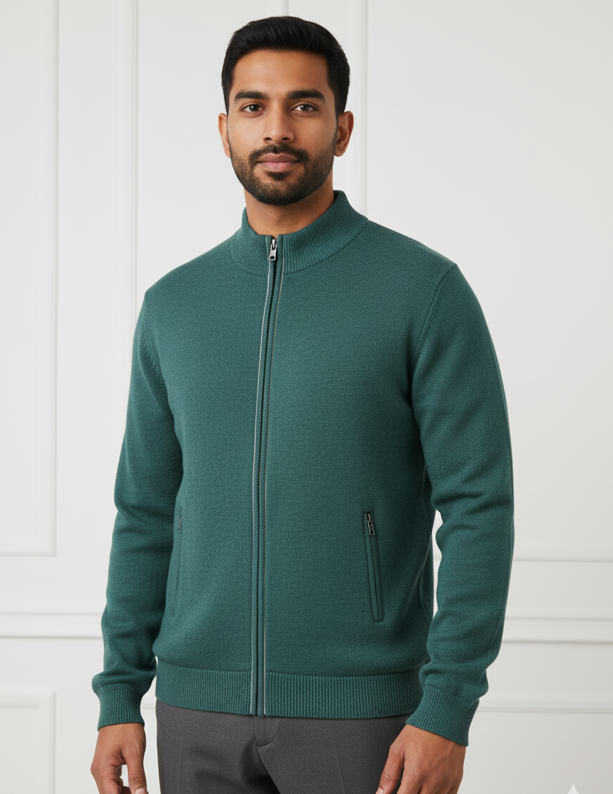Men’s Teal Full-Zip Woollen Winter Sweater