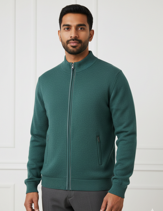 Men’s Teal Full-Zip Woollen Winter Sweater