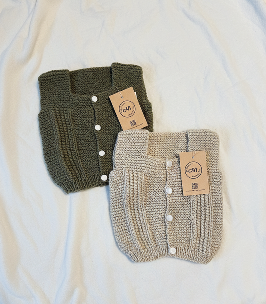 Olive and Beige- Handcrafted Woollen Baby Sleeveless Vest