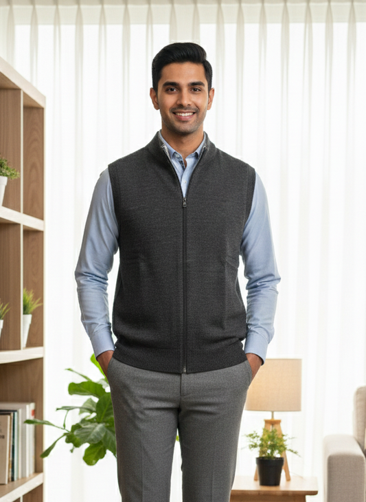 Men’s Reversible Dark Grey - Light Grey Wool Zip-Up Sleeveless Sweater