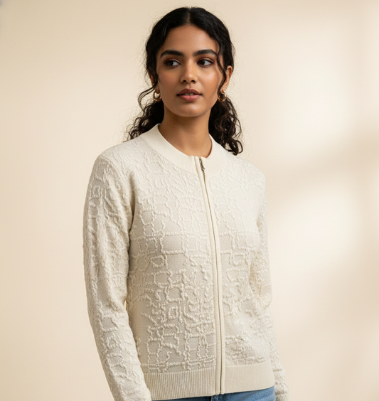 Women’s Textured Zip-Up Cream Woollen Sweater