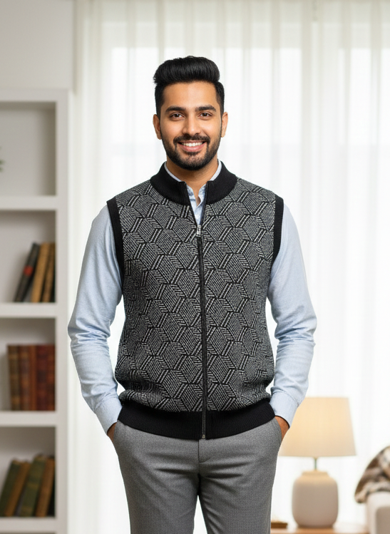 Men’s Reversible Black Textured Wool Blend Sleeveless Zip Sweater