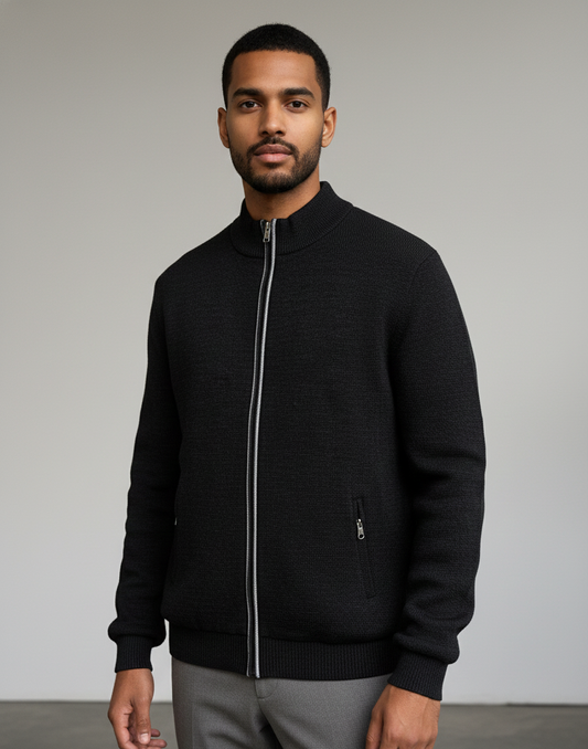 Men’s Black Zip-Up Woollen Jacket Sweater