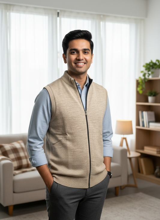 Men’s Reversible Beige and Black Wool Zip-Up Sleeveless Sweater