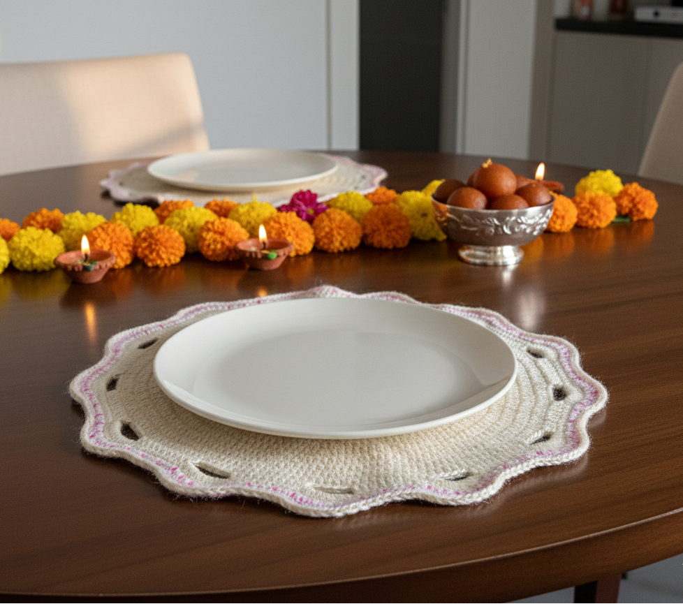 Off-white Handmade Crochet Dining Table Mat Set of 6