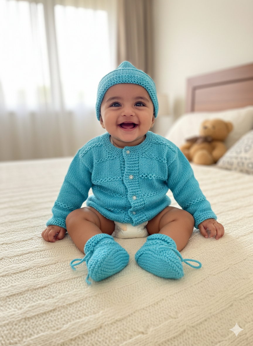 Baby Sky Blue Hand-Knitted Wool Sweater Set