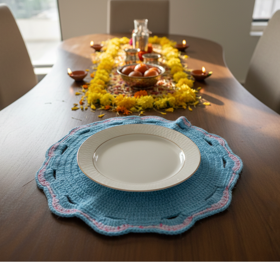 Blue Handcrafted Crochet Dining Table Mat Set (6)
