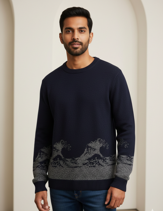 Men’s Navy Wave Pattern Knit Sweater