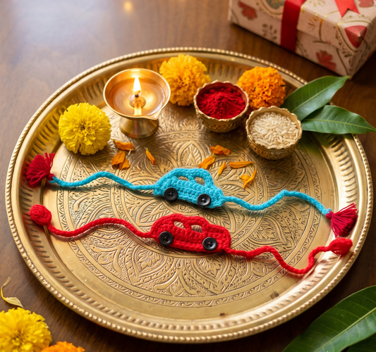 Red and Blue Handmade Car Rakhi- Set  of 2