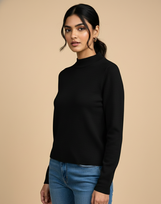 Women’s Solid Black Mock Neck Winter Top