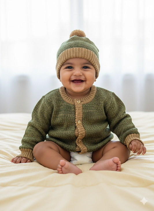 Baby Olive Green Woollen Knitted Winter Sweater Set