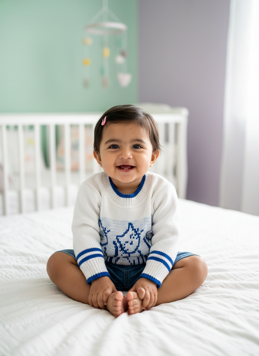 White & Blue Cat Pattern Baby Winter Sweater