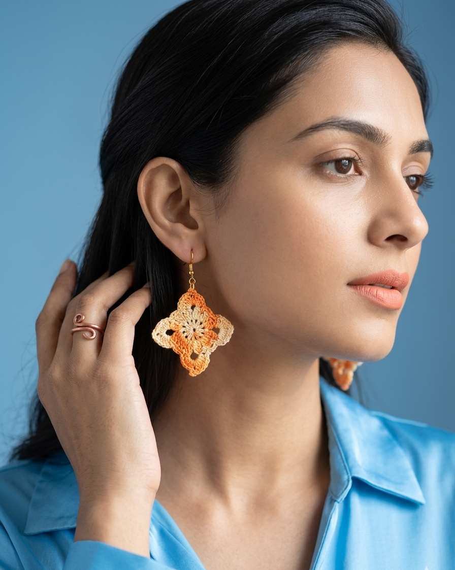 Handmade Peach Crochet Floral Dangle Earrings
