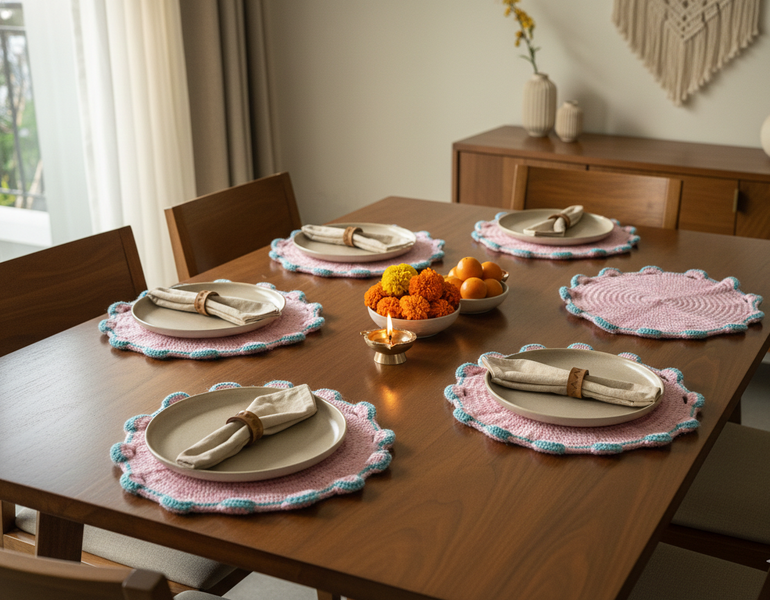 Pink Handmade Crochet Dining Table Mat Set (6)
