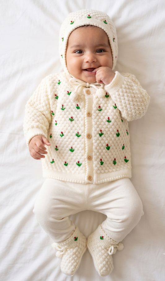 Handcrafted Baby Knit Floral Winter Set