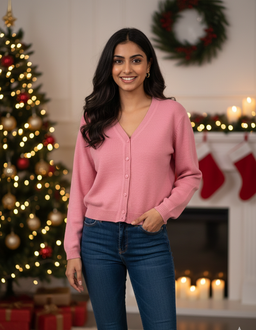 Women’s Pink V-Neck Buttoned Knit Cardigan