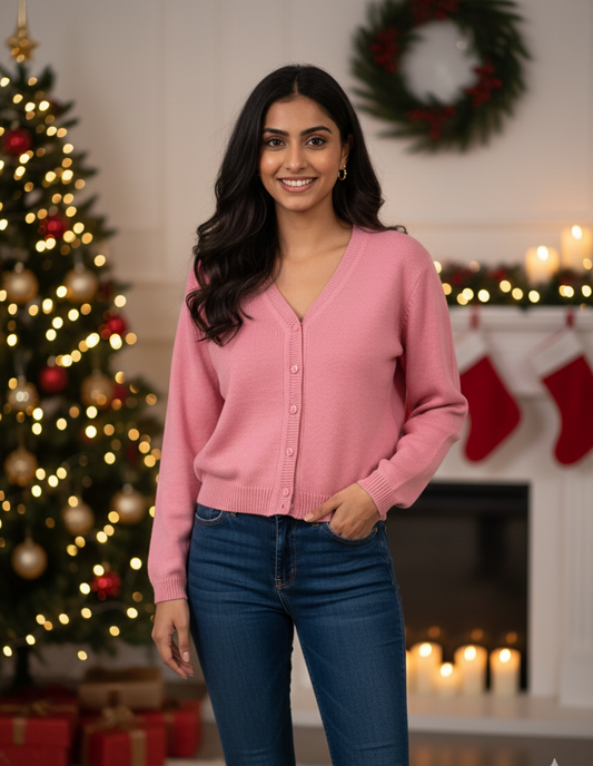 Women’s Pink V-Neck Buttoned Knit Cardigan