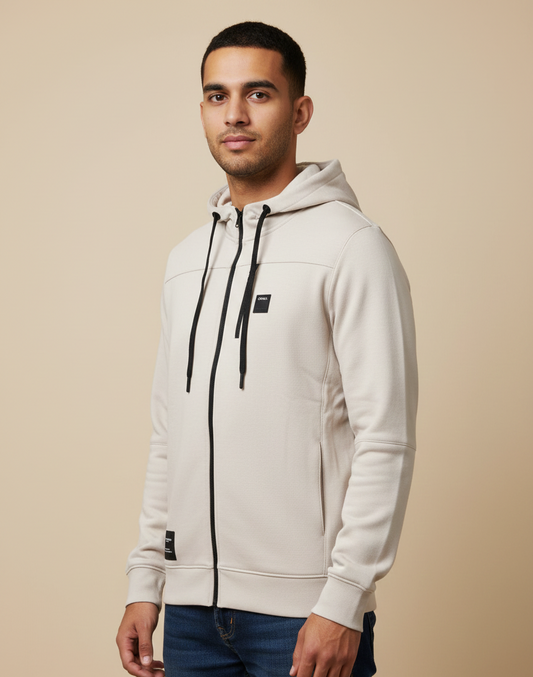 Men’s Beige Zip-Up Hoodie Sweatshirt