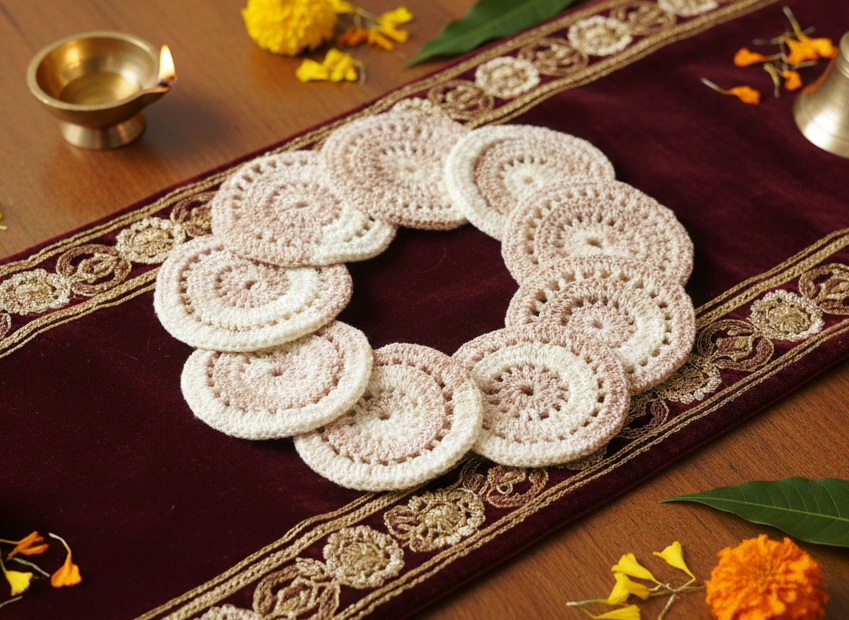 Set of 9- Handmade Beige Crochet Ganesha Asan Mat