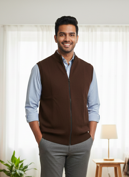 Men’s Reversible Coffee and Cream Wool Zip-Up Sleeveless Sweater