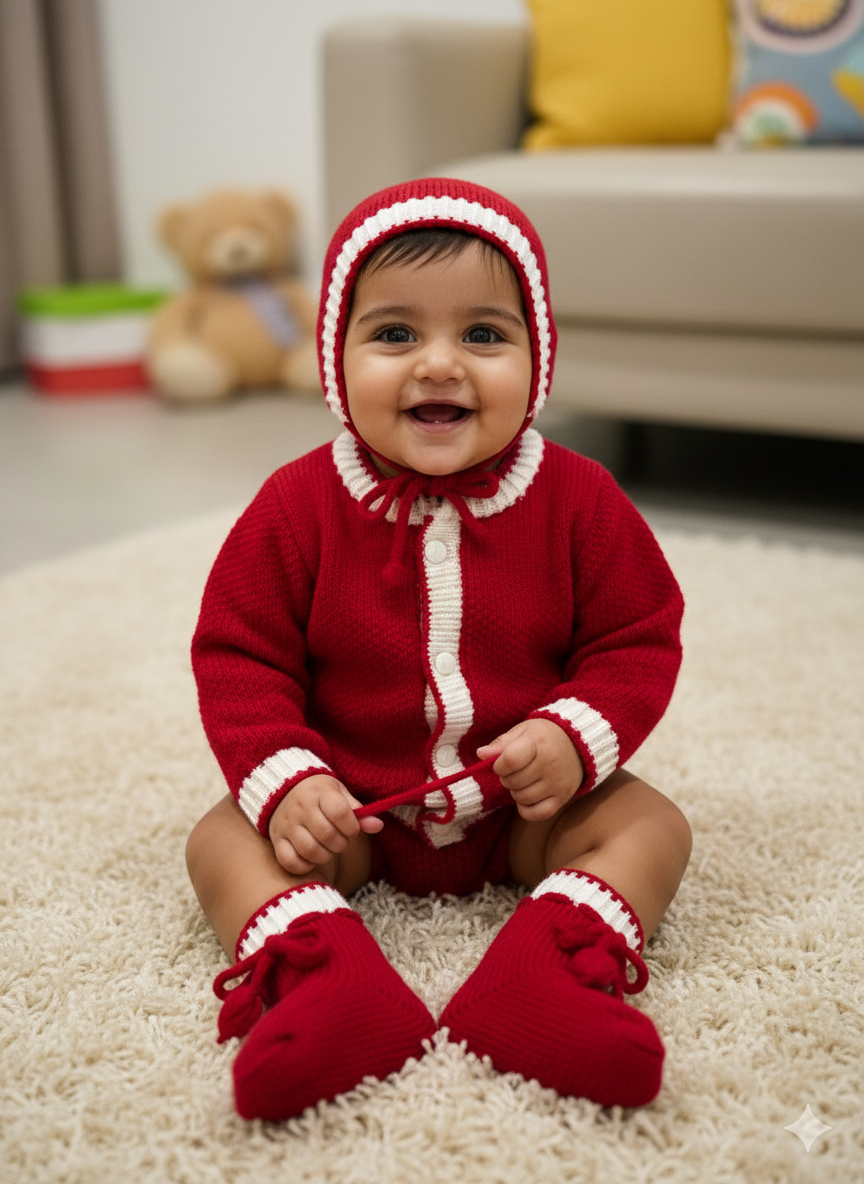 Handmade Baby Sweater, Bonnet & Booties Set – Red & White