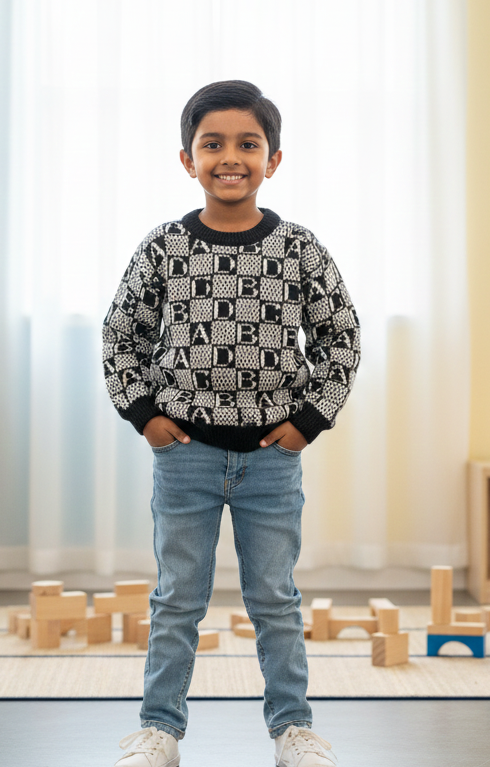 Boys Grey & White Check Knit Sweater