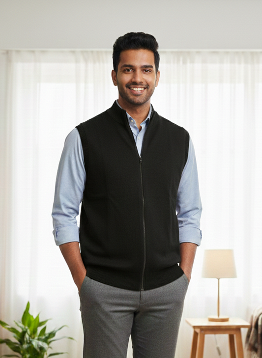 Men’s Reversible Black and Grey Wool Zip-Up Sleeveless Sweater