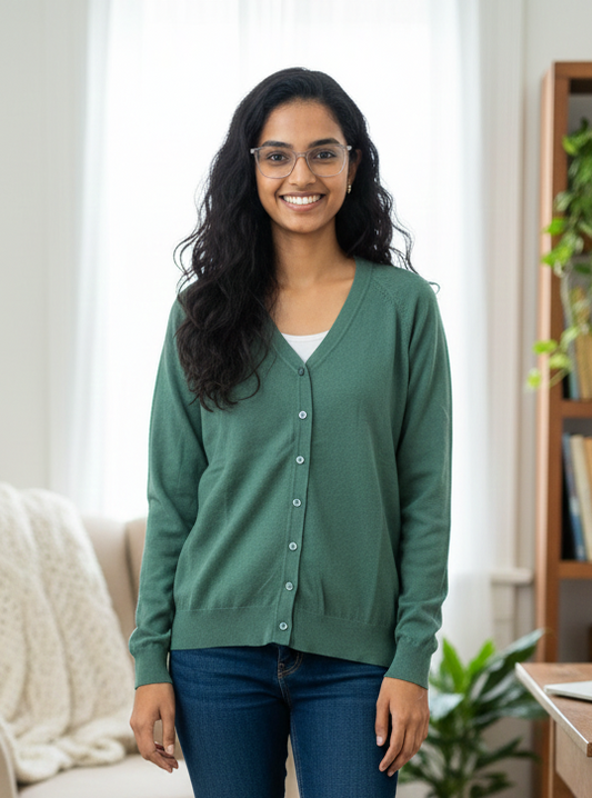 Deep Green- Soft Knit V-Neck Button Cardigan