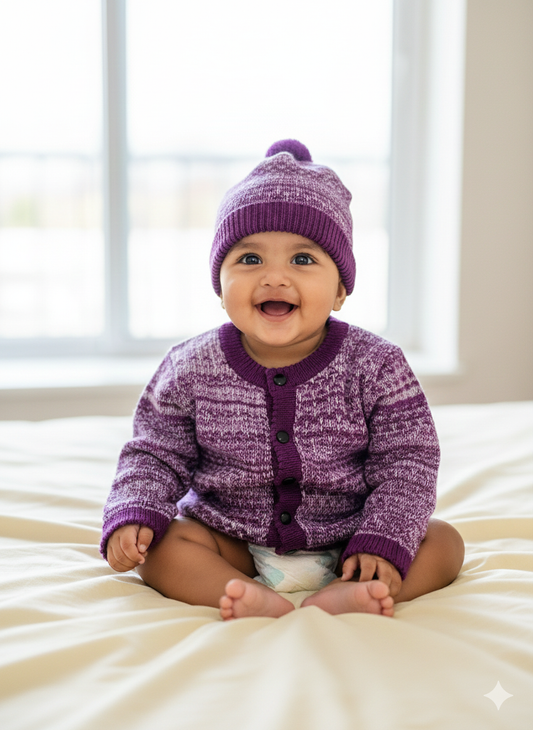 Baby Purple Melange Woolen Knitted Sweater Set