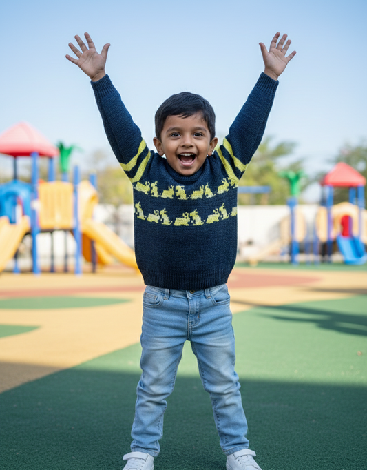 Boys Shaded Navy Yellow Animal Motif Sweater
