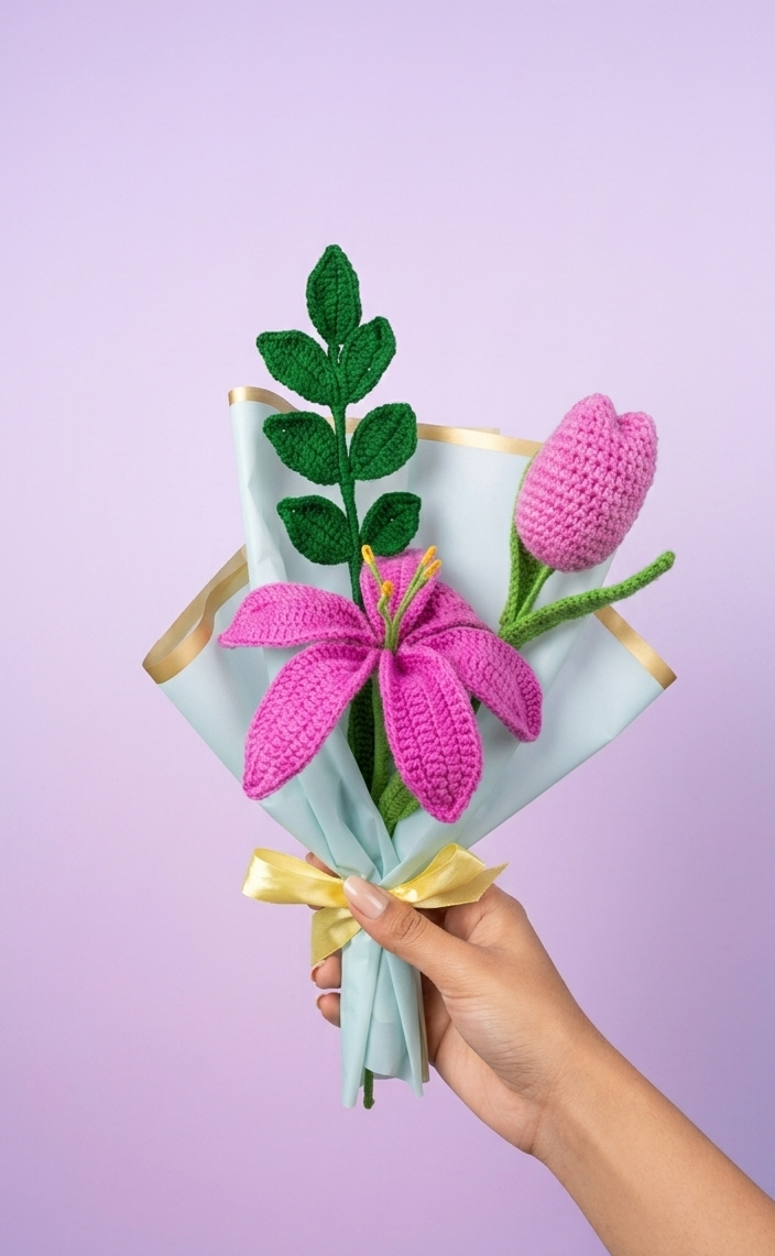 Purple Handmade Crochet Lily Bouquet Gift