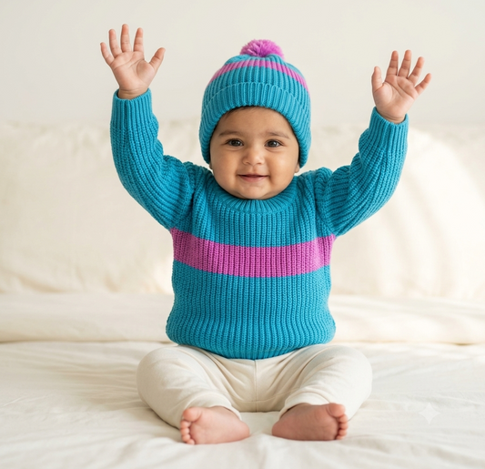 Happy Hues Baby Sweater & Pom-Pom Cap Set