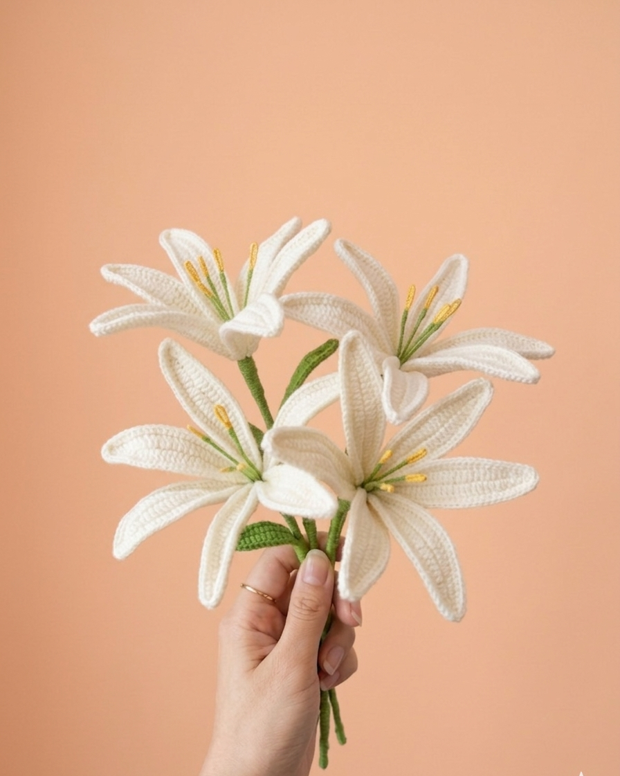 Handmade Crochet White Lily Flower Bouquet