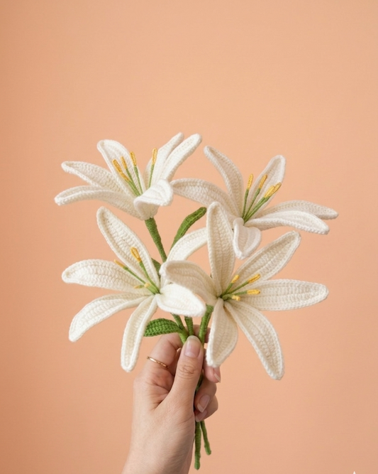 Handmade Crochet White Lily Flower Bouquet
